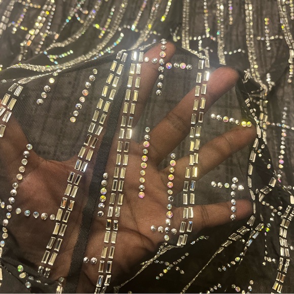 Banjul Floor Length Formal Black Mesh Sheer Spaghetti Strap Dress w/ Rhinestone - Picture 2 of 9